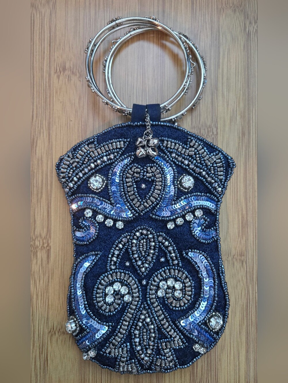 David Jefferey Beaded Navy Evening Wristlet Bag with Silver Accents